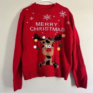 Merry Christmas Red Reindeer Googly Eyes Crewneck Sweater Holiday Ugly Christmas
